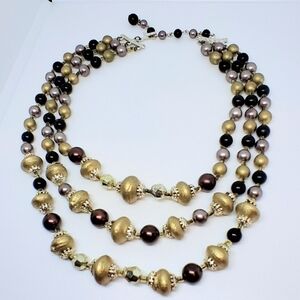 * Vintage Japan 3 Strand Gold Black Champagne Beads Necklace